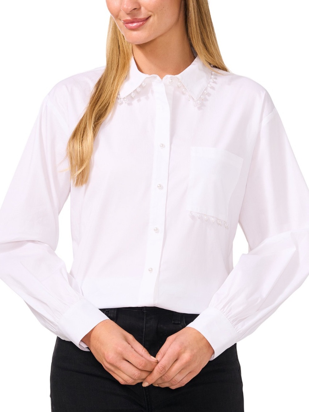 NWT CeCe Sz Med Women’s White Faux Pearl Trim Glam Button Up Blouse Top Ret $79!